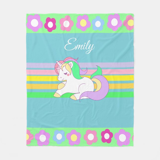 Personalised Unicorn and Rainbow Fleece Blanket (Front)