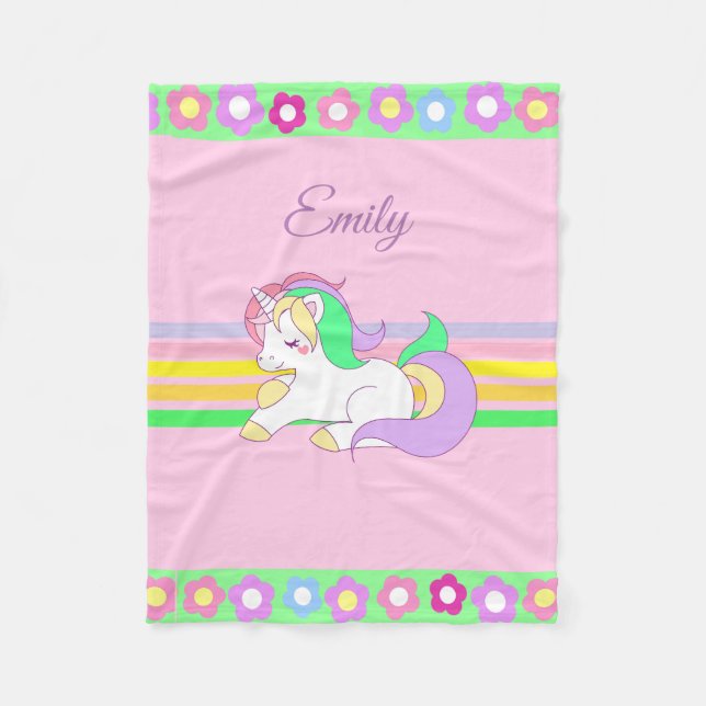 Personalised Unicorn and Rainbow Pink Blanket (Front)