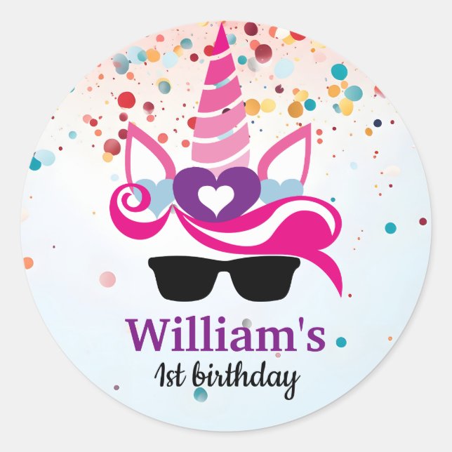 Personalised Unicorn Birthday Classic Round Sticker (Front)