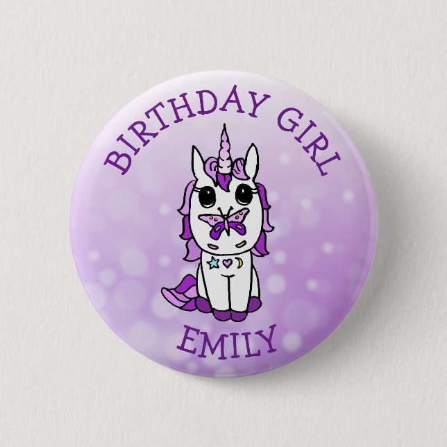 Personalised Unicorn Birthday Girl Purple 6 Cm Round Badge (Front)