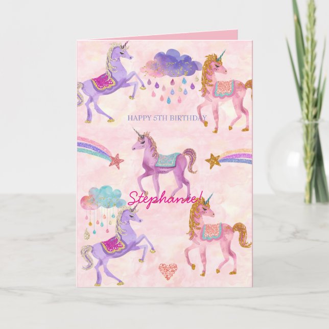 Personalised Unicorn Birthday greeting card (Front)