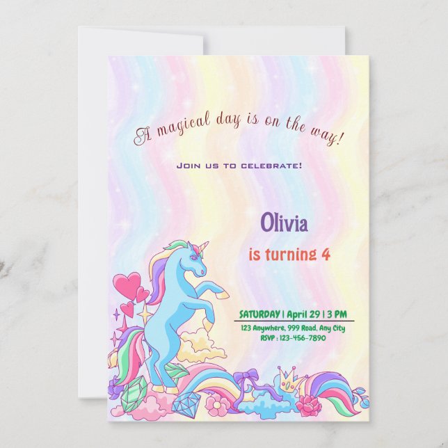 Personalised Unicorn Birthday Invitation Cards (Front)