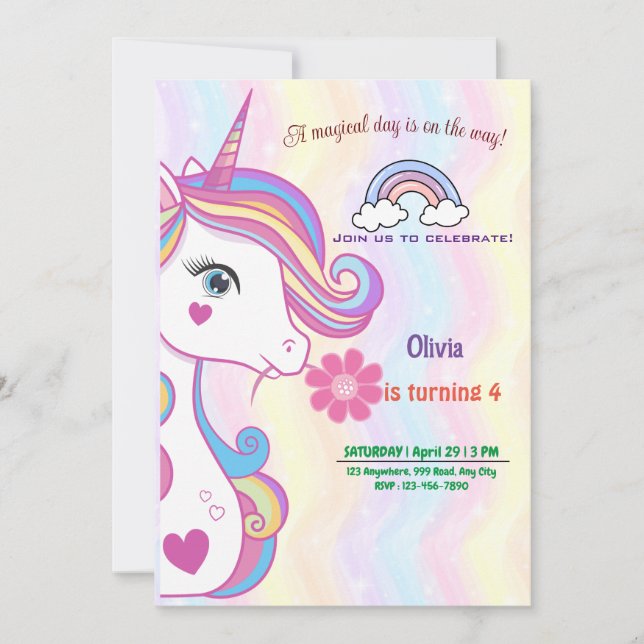 Personalised Unicorn Birthday Invitation Cards (Front)