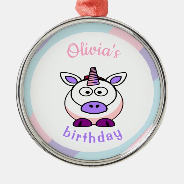 Personalised unicorn birthday pastel colourful metal ornament (Front)