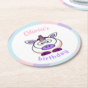 Personalised unicorn birthday pastel colourful round paper coaster