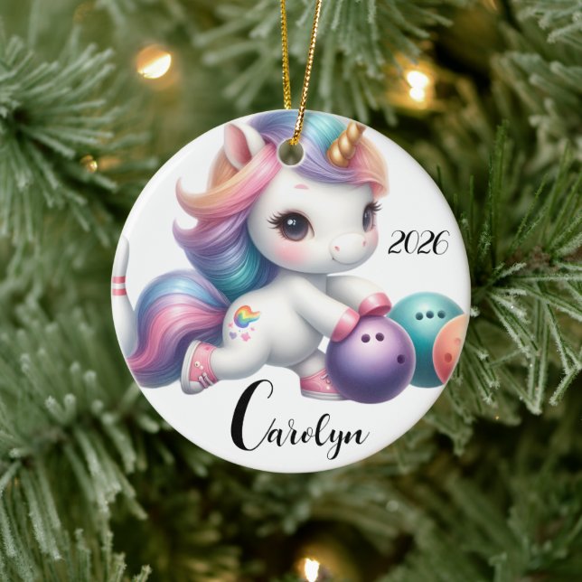 Personalised Unicorn Bowling  Ceramic Ornament (Tree)