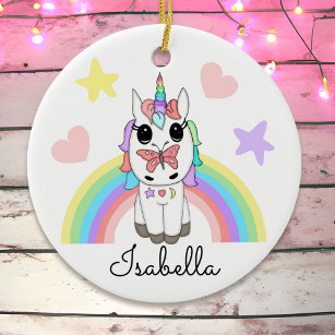 Personalised Unicorn, Butterfly and Rainbow Ceramic Ornament
