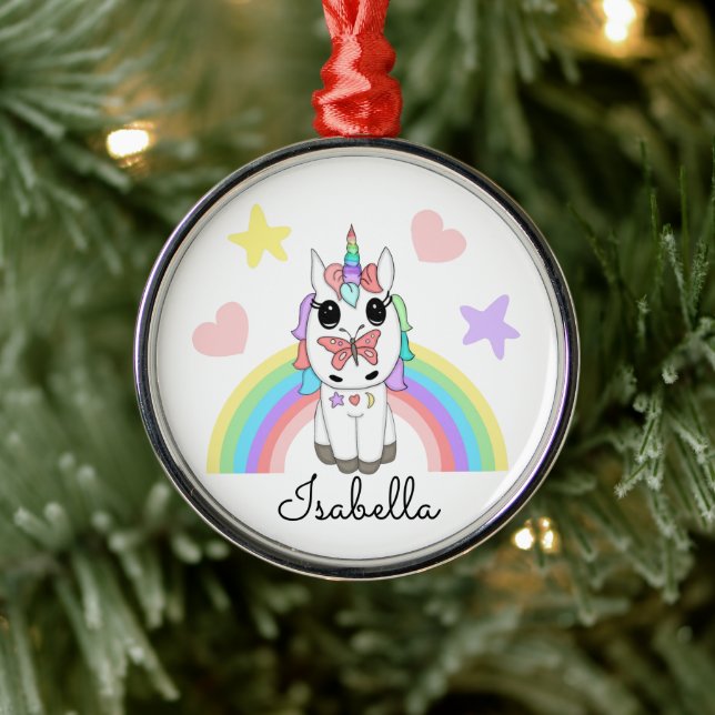 Personalised Unicorn, Butterfly and Rainbow  Metal Ornament (Tree)