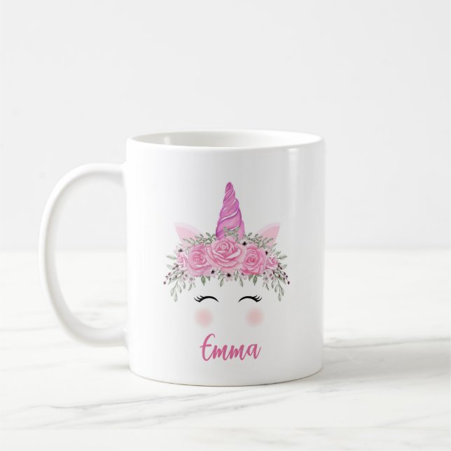 Personalised Unicorn Coffee Mug With Pink Name (Left)