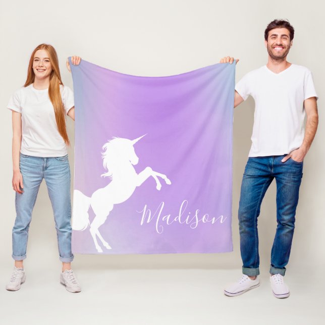 Personalised, Unicorn, Cotton Candy Colour, purple Fleece Blanket (In Situ)