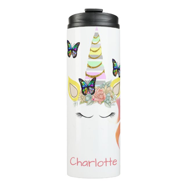 Personalised Unicorn Face Pastel and Gold Glitter Thermal Tumbler (Front)