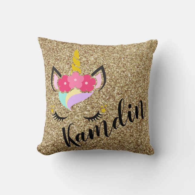 Personalised Unicorn Gold Glitter Pillow (Front)