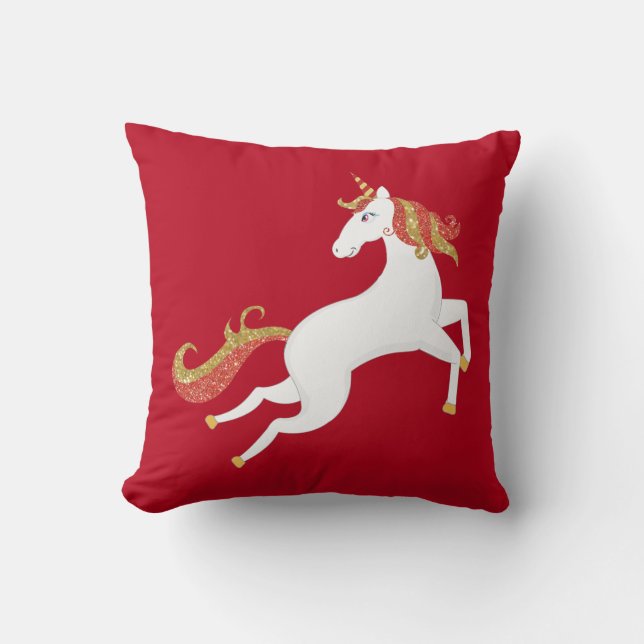 Personalised Unicorn Horse Golden Red Glitter Cushion (Front)
