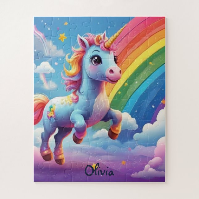 Personalised Unicorn Jumping Into Rainbow Jigsaw Puzzle (Vertical)