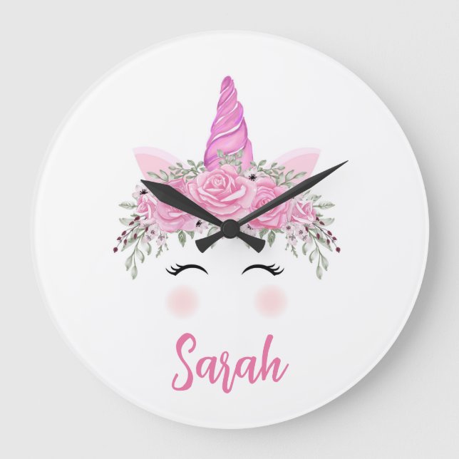 Personalised Unicorn Large Clock With Pink Name (Front)