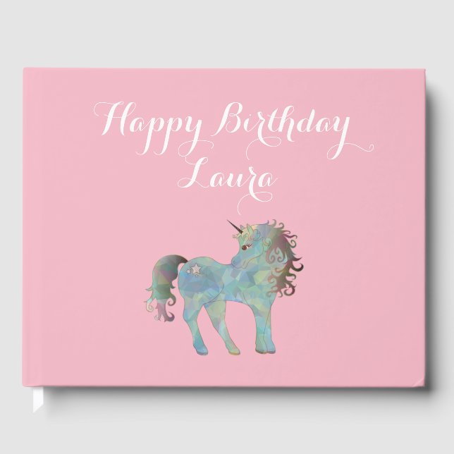 Personalised Unicorn Lovers Pink Happy Birthday Guest Book (Front)