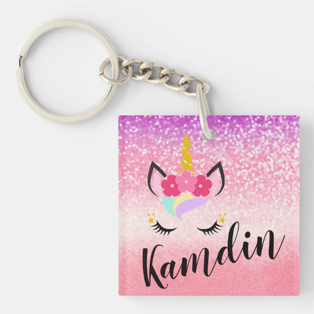 Personalised Unicorn Ombre Glitter Key Chain (Front)