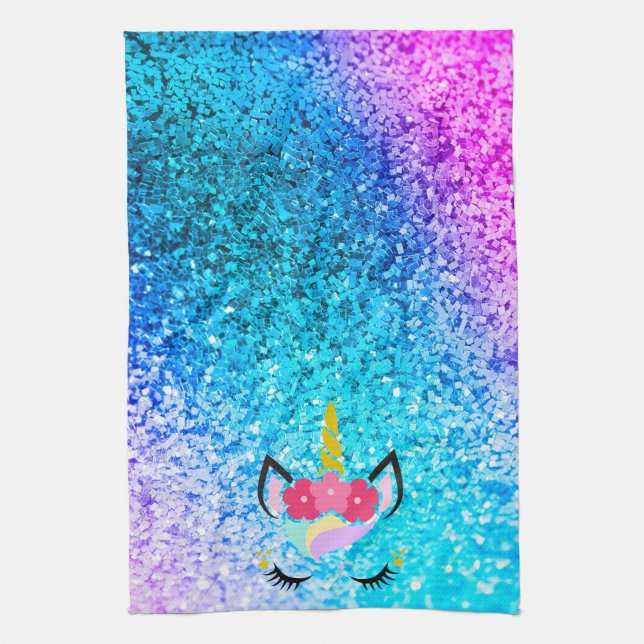Personalised Unicorn Ombre Glitter Kitchen Towel (Vertical)