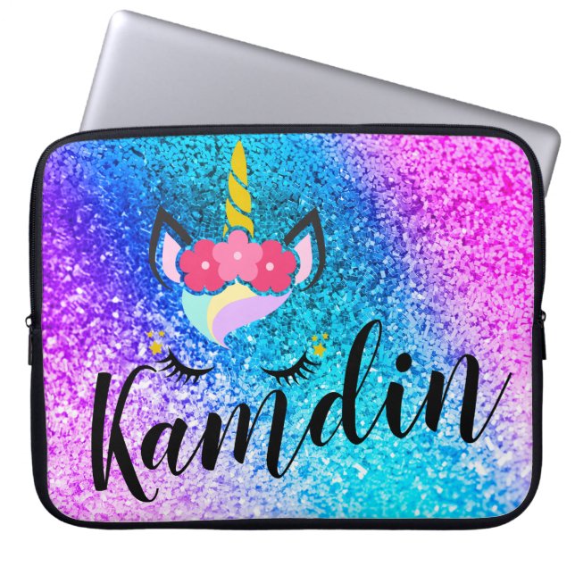 Personalised Unicorn Ombre Glitter Laptop Case (Front)