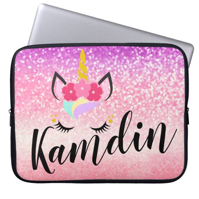 Personalised Unicorn Ombre Glitter Laptop Case (Front)