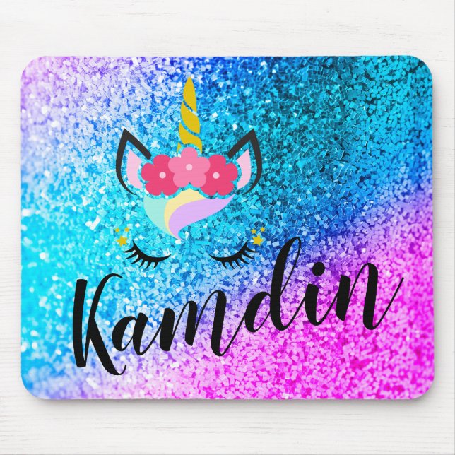 Personalised Unicorn Ombre Glitter Mouse Pad (Front)