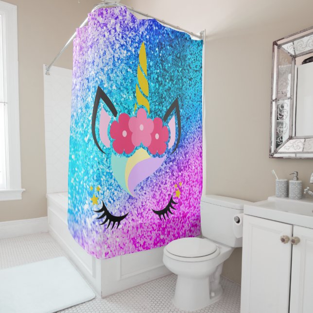 Personalised Unicorn Ombre Glitter Shower Curtain (In Situ)