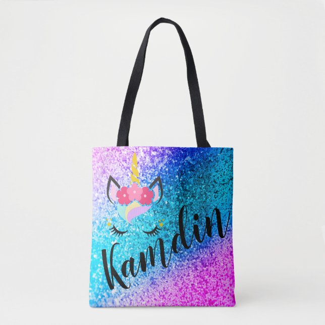 Personalised Unicorn Ombre Glitter Tote Bag (Front)