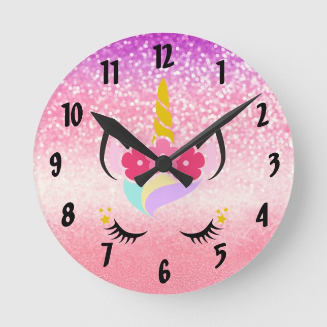 Personalised Unicorn Ombre Glitter Wall Clock (Front)