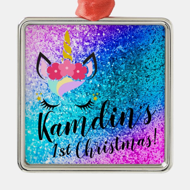 Personalised Unicorn Ombre Glitter XMAS Ornament (Front)
