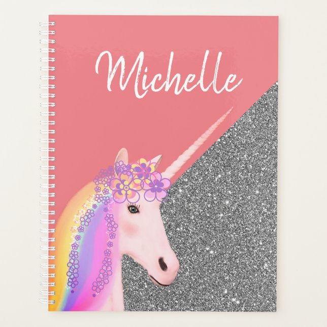 Personalised Unicorn Pastel Rainbow Glitter Planner (Front)