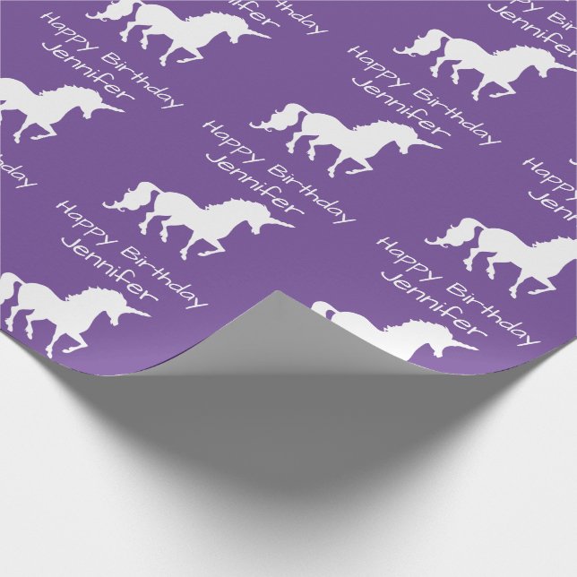 Personalised Unicorn Pattern Girls Birthday Purple Wrapping Paper (Corner)