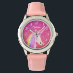 Personalised Unicorn Pink Glitter Sparkle Kid's Watch<br><div class="desc">Personalised Unicorn Pink Glitter Sparkle Kid's Watch Designed with pretty pink and gold faux glitter sparkles background and a cute white unicorn with rainbow hair on the centre. The time numbers are in white and the watch is personalised with name in white calligraphy script lettering. Makes a great gift idea...</div>