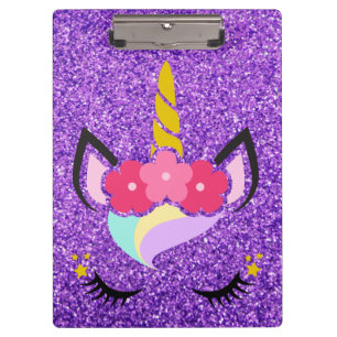 Personalised Unicorn Purple Glitter Clip Board