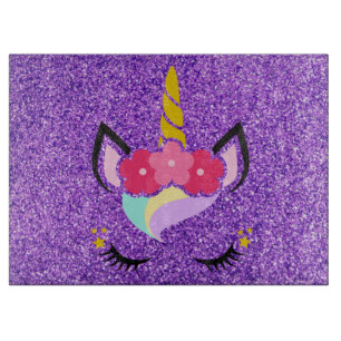 Personalised Unicorn Purple Glitter Glass Cutting Cutting Board