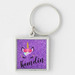 Personalised Unicorn Purple Glitter Key Chain