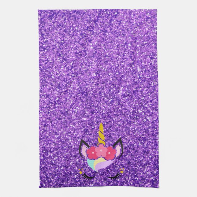 Personalised Unicorn Purple Glitter Kitchen Towel (Vertical)