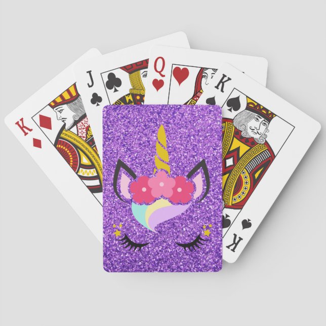 Personalised Unicorn Purple Glitter Playing Cards (Back)