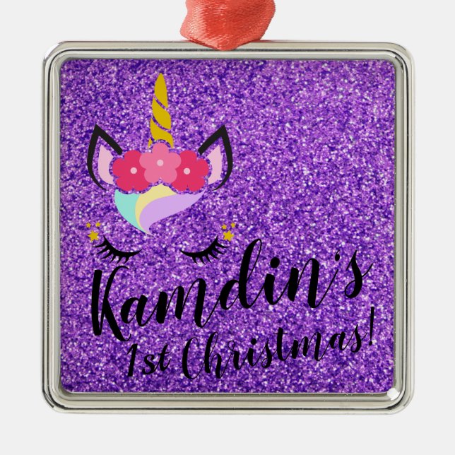 Personalised Unicorn Purple Glitter XMAS Ornament (Front)