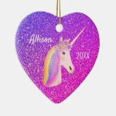Personalised Unicorn Purple Pink Glitter Heart Ceramic Ornament (Right)