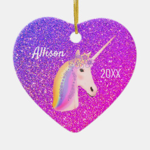 Personalised Unicorn Purple Pink Glitter Heart Ceramic Ornament