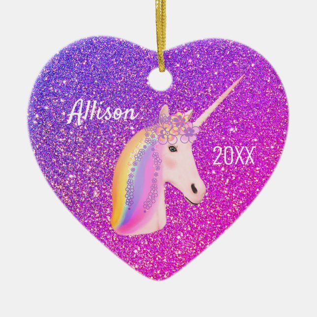 Personalised Unicorn Purple Pink Glitter Heart Ceramic Ornament (Front)