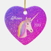 Personalised Unicorn Purple Pink Glitter Heart Ceramic Ornament (Back)