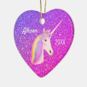 Personalised Unicorn Purple Pink Glitter Heart Ceramic Ornament (Left)