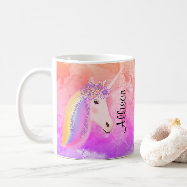 Personalised Unicorn Rainbow Colourful Coffee Mug (With Donut)
