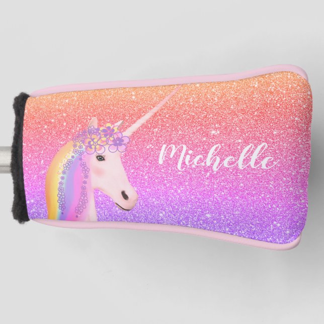 Personalised Unicorn Rainbow Glitter Golf Head Cover (Front)