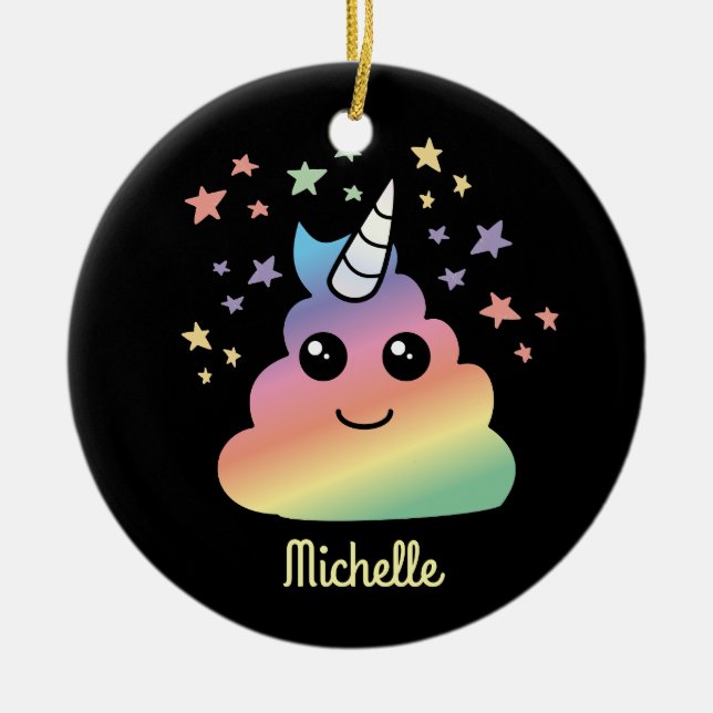 Personalised Unicorn Rainbow Poop Emoji Kawaii Ceramic Ornament (Front)