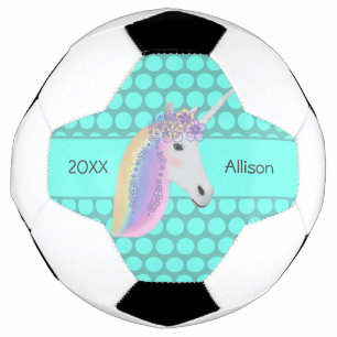 Personalised Unicorn Rainbow Turquoise Soccer Ball