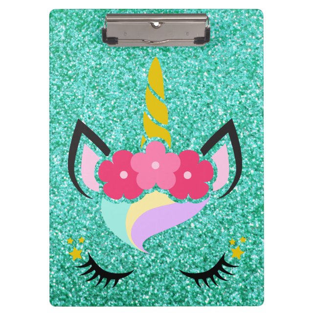 Personalised Unicorn Teal Glitter Clip Board (Front)
