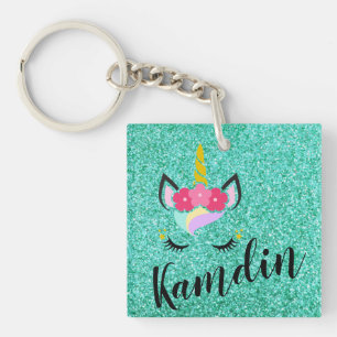 Personalised Unicorn Teal Glitter Key Chain