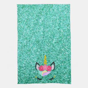 Personalised Unicorn Teal Glitter Kitchen Towel